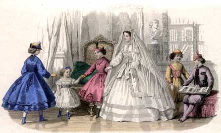 Old-fashioned bride and children in fancy dress